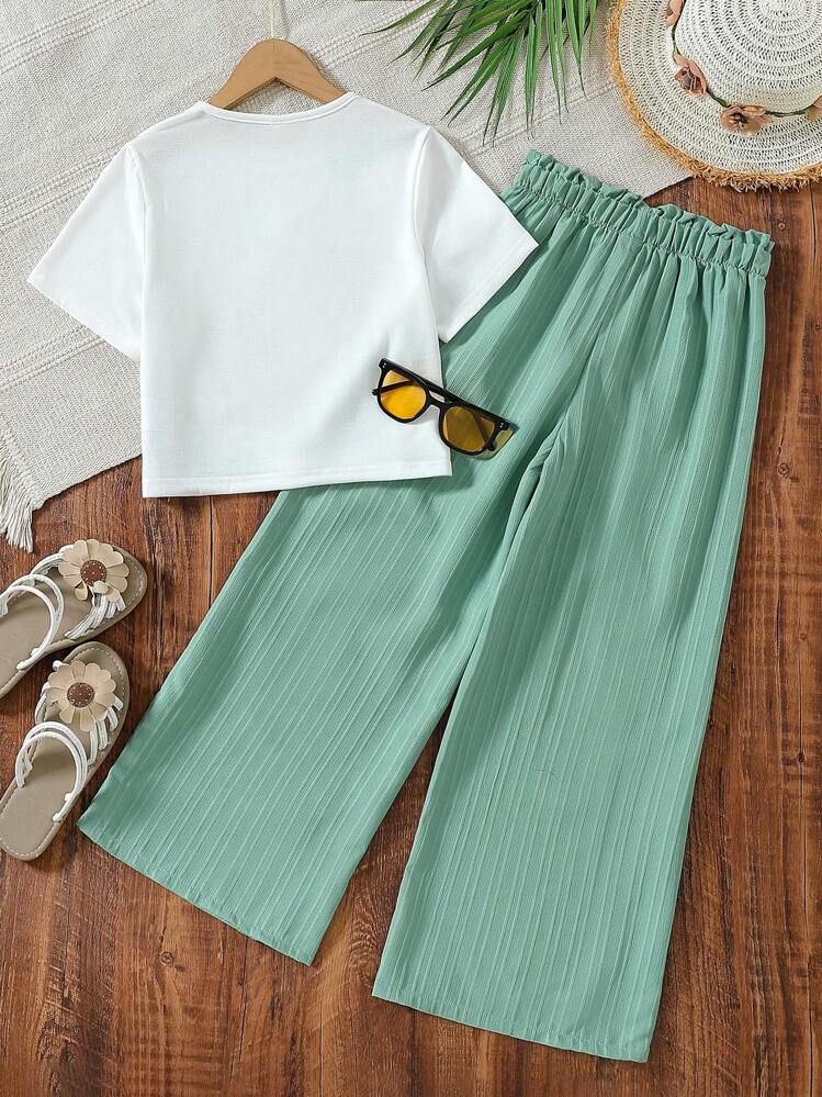 Girls Floral Printed Crop Top with Mint Green Pleated Wide Leg Pants Co-Ord Set