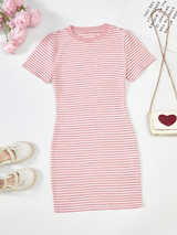 Girls Pink & White Striped Ribbed Bodycon Dress