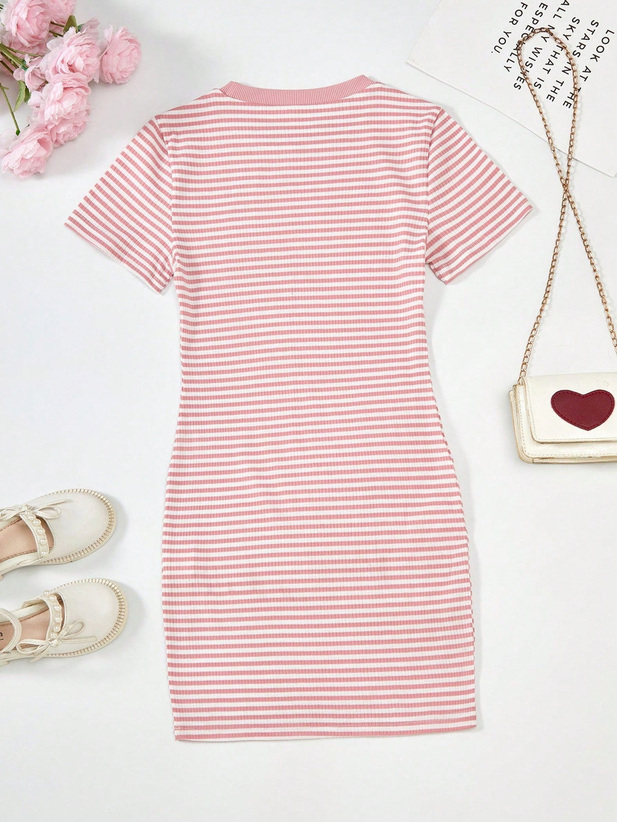 Girls Pink & White Striped Ribbed Bodycon Dress