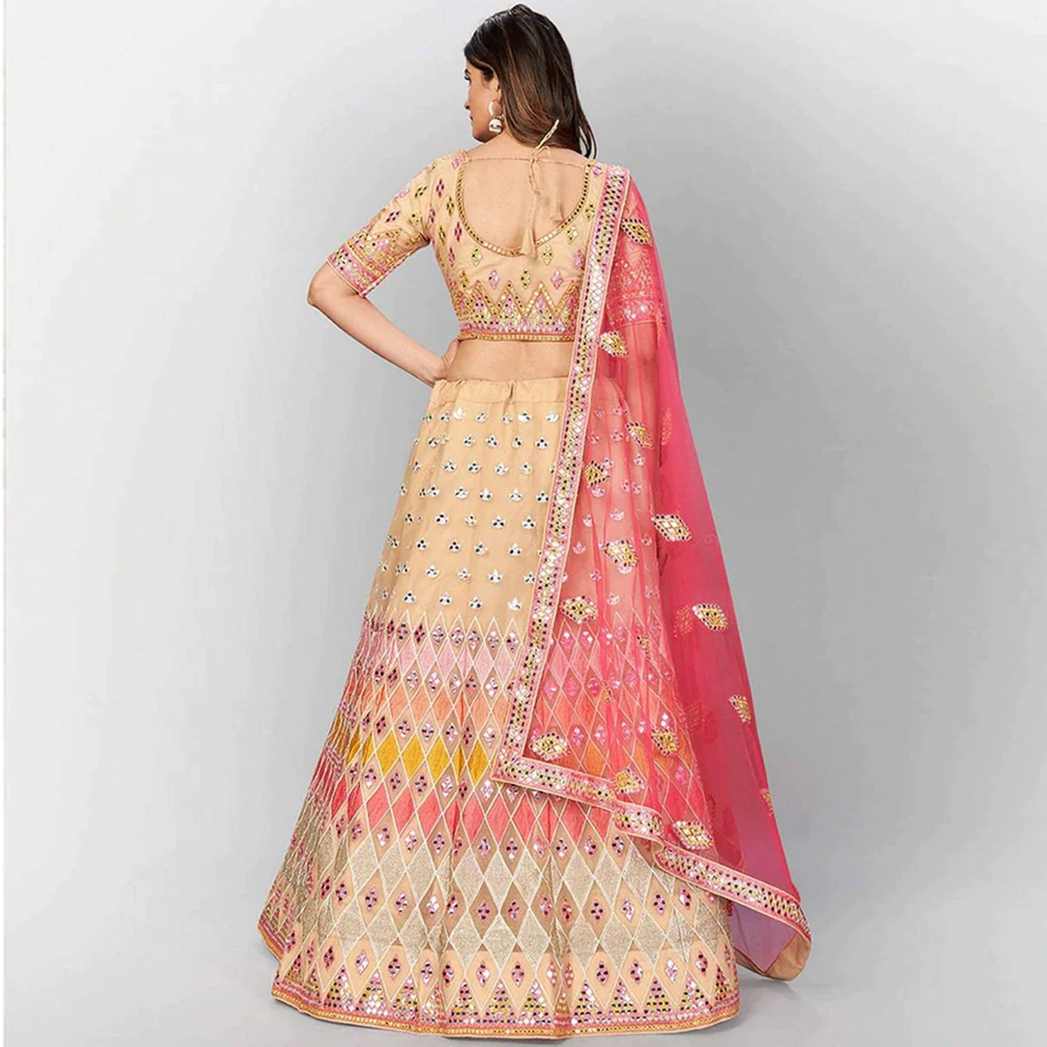 Beige Thread and Foil Mirror Cutwork Lehenga choli