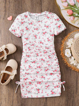 Girls White Floral Printed Ruched Bodycon Dress