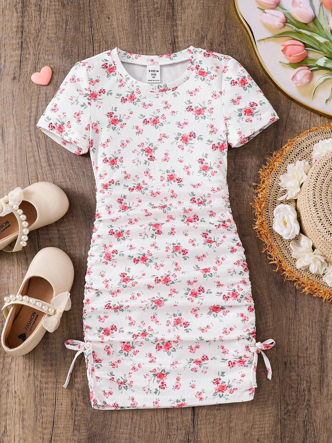 Girls White Floral Printed Ruched Bodycon Dress