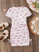 Girls White Floral Printed Ruched Bodycon Dress