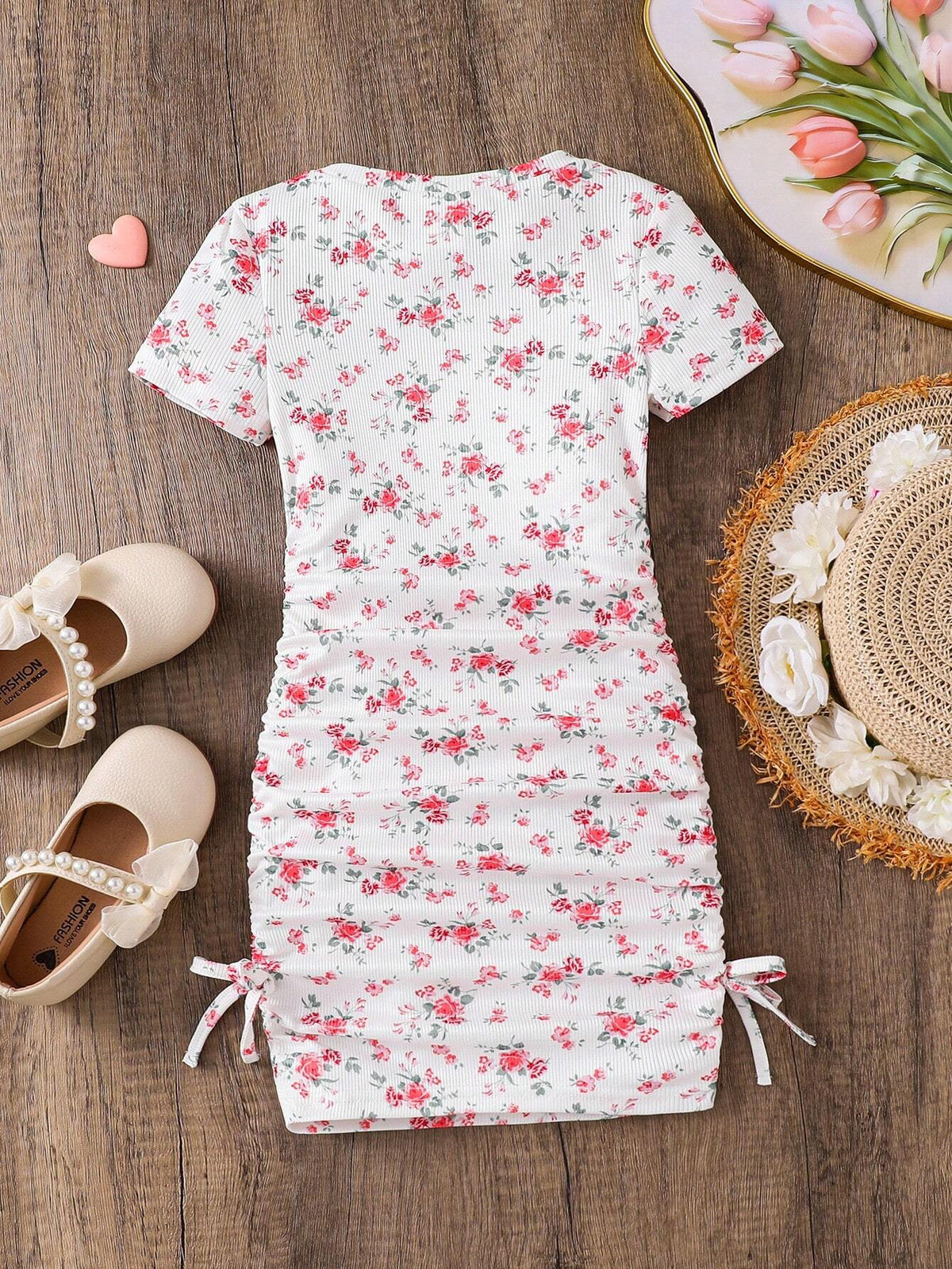 Girls White Floral Printed Ruched Bodycon Dress