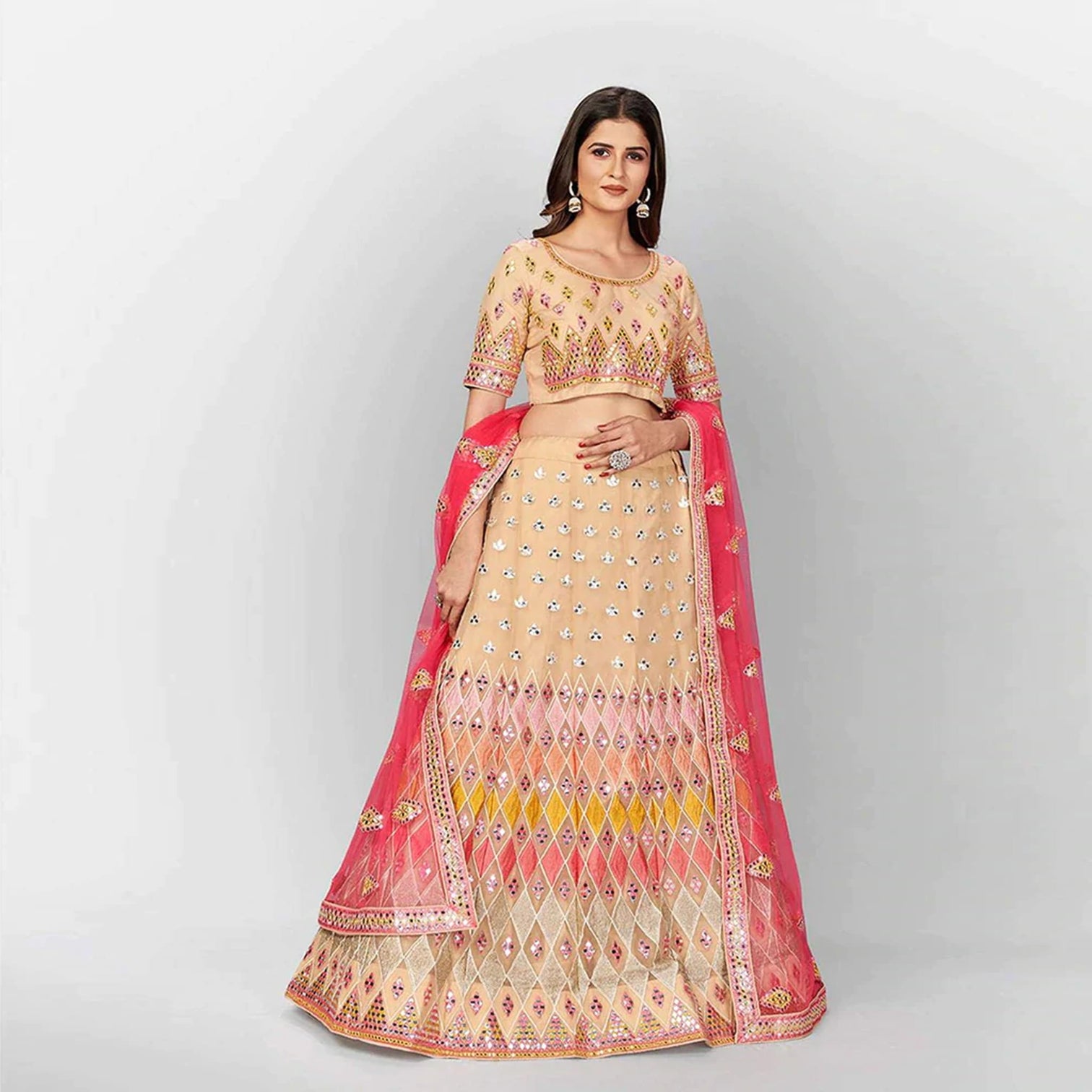 Beige Thread and Foil Mirror Cutwork Lehenga choli