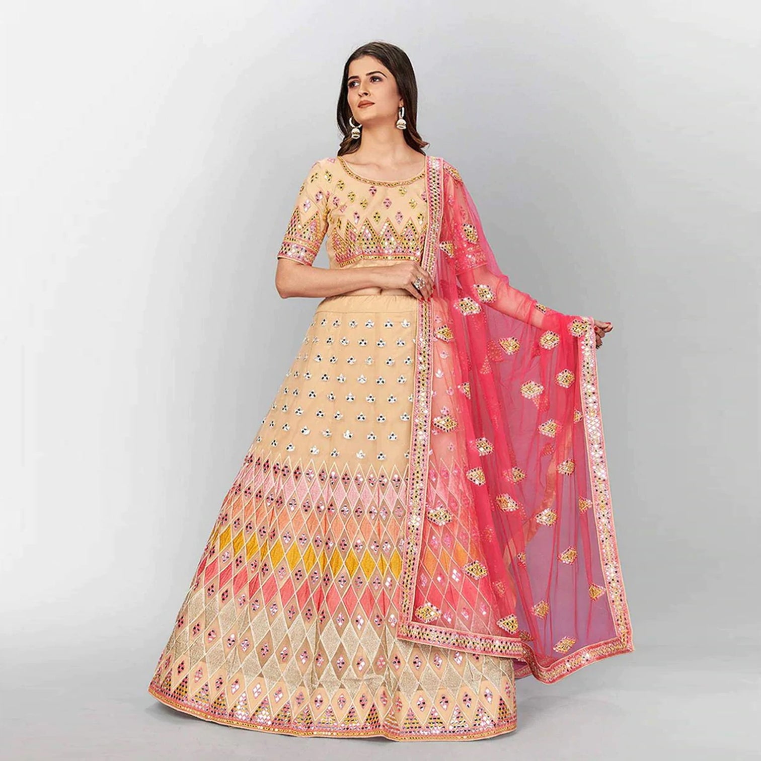 Beige Thread and Foil Mirror Cutwork Lehenga choli