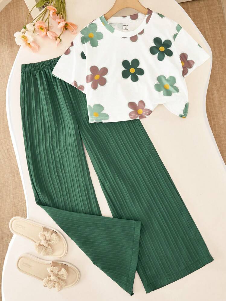 Girls Floral Printed Crop Top with Pleated Wide Leg Pants Co-Ord Set