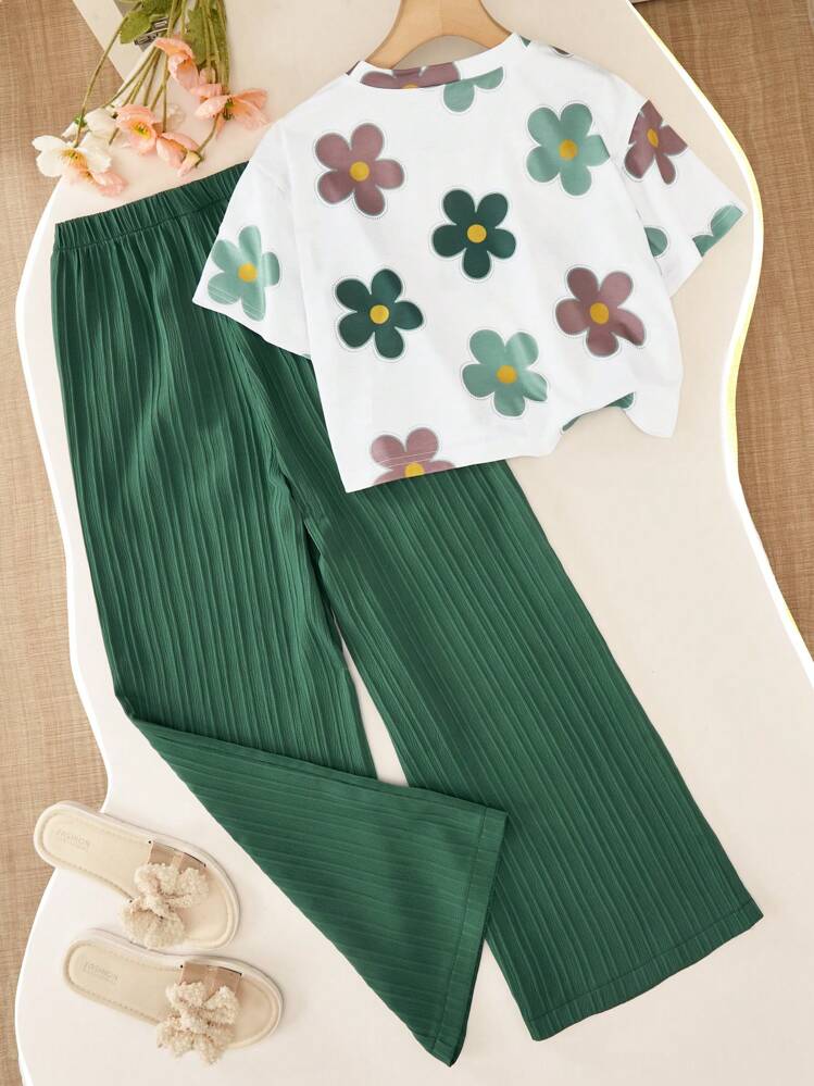 Girls Floral Printed Crop Top with Green Pleated Wide Leg Pants Co-Ord Set