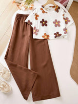 Girls Floral Printed Crop Top with Pleated Wide Leg Pants Co-Ord Set