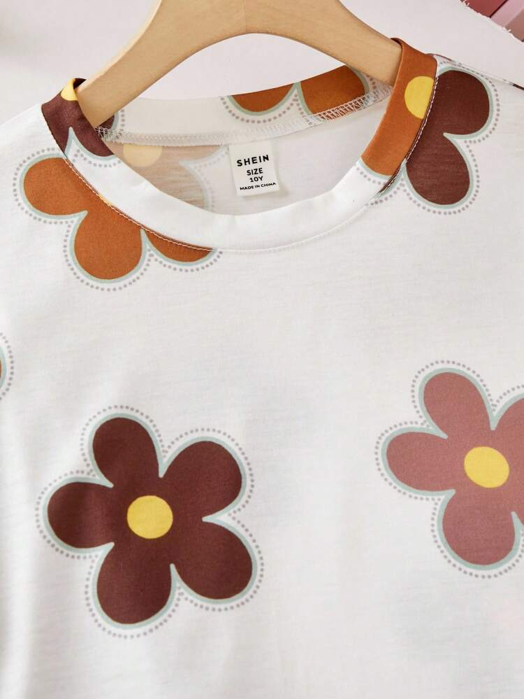 Girls Floral Printed Crop Top with Coffee Pleated Wide Leg Pants Co-Ord Set