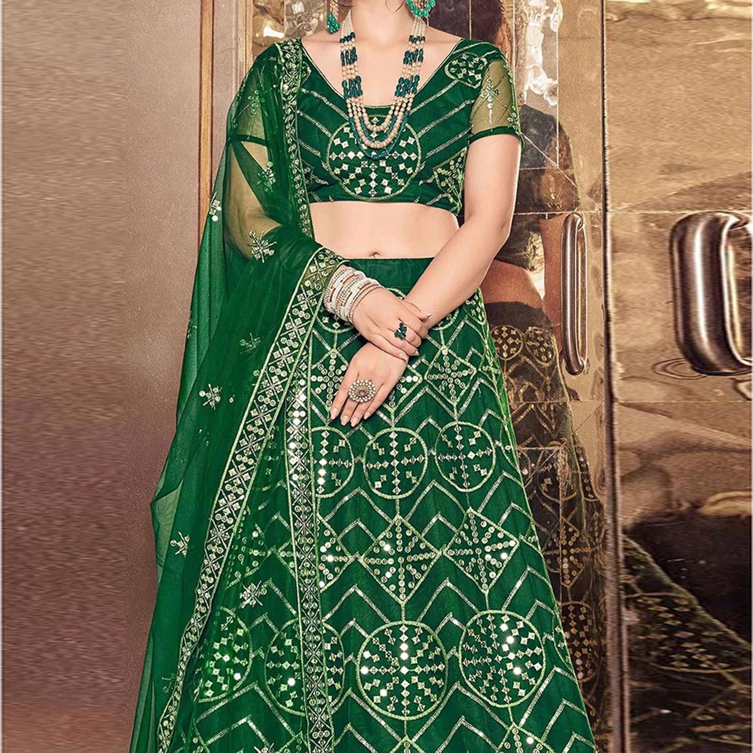Bottel Green Thread and Sequence work Lehenga choli