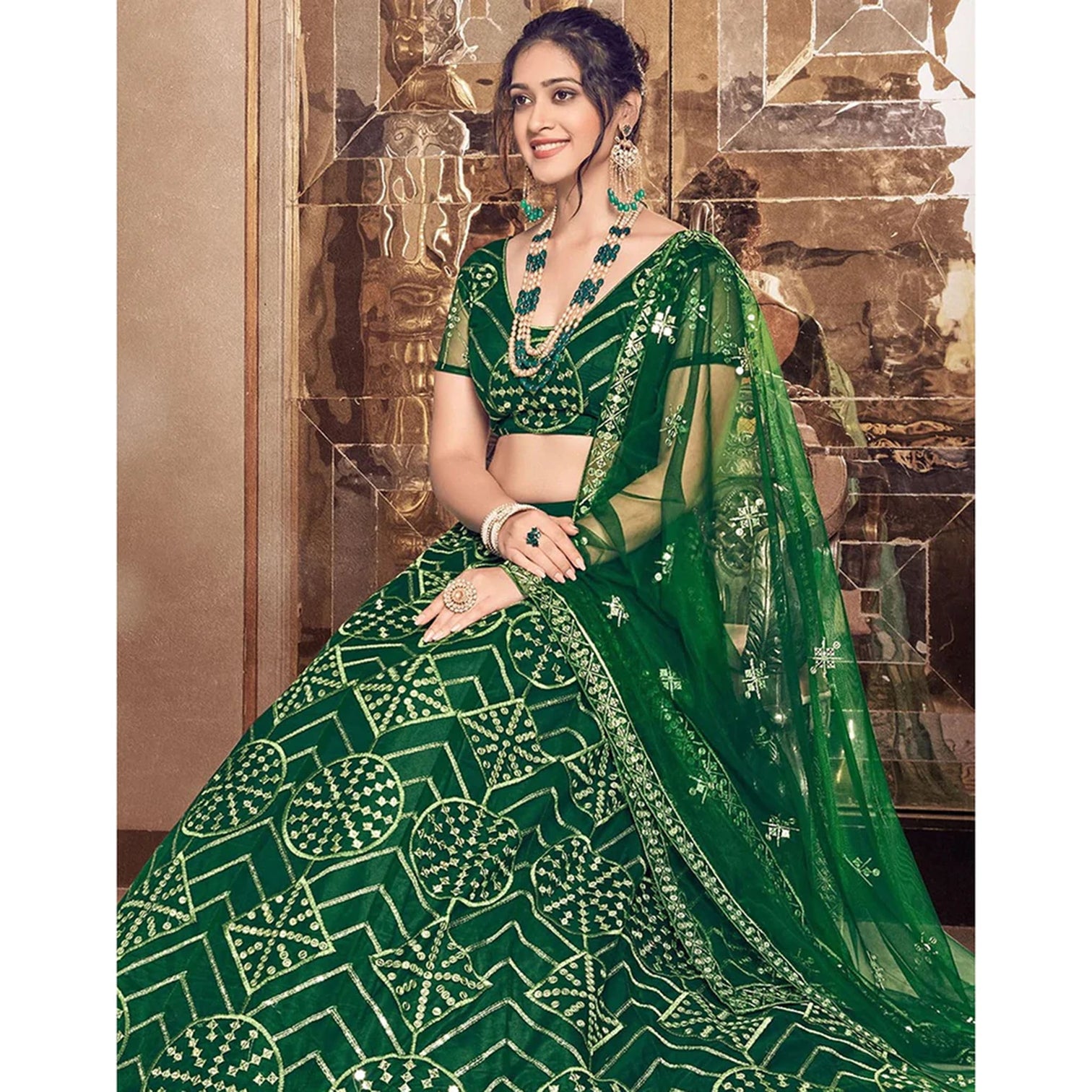 Bottel Green Thread and Sequence work Lehenga choli