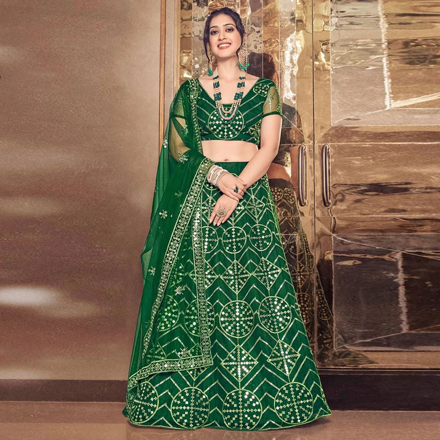 Bottel Green Thread and Sequence work Lehenga choli