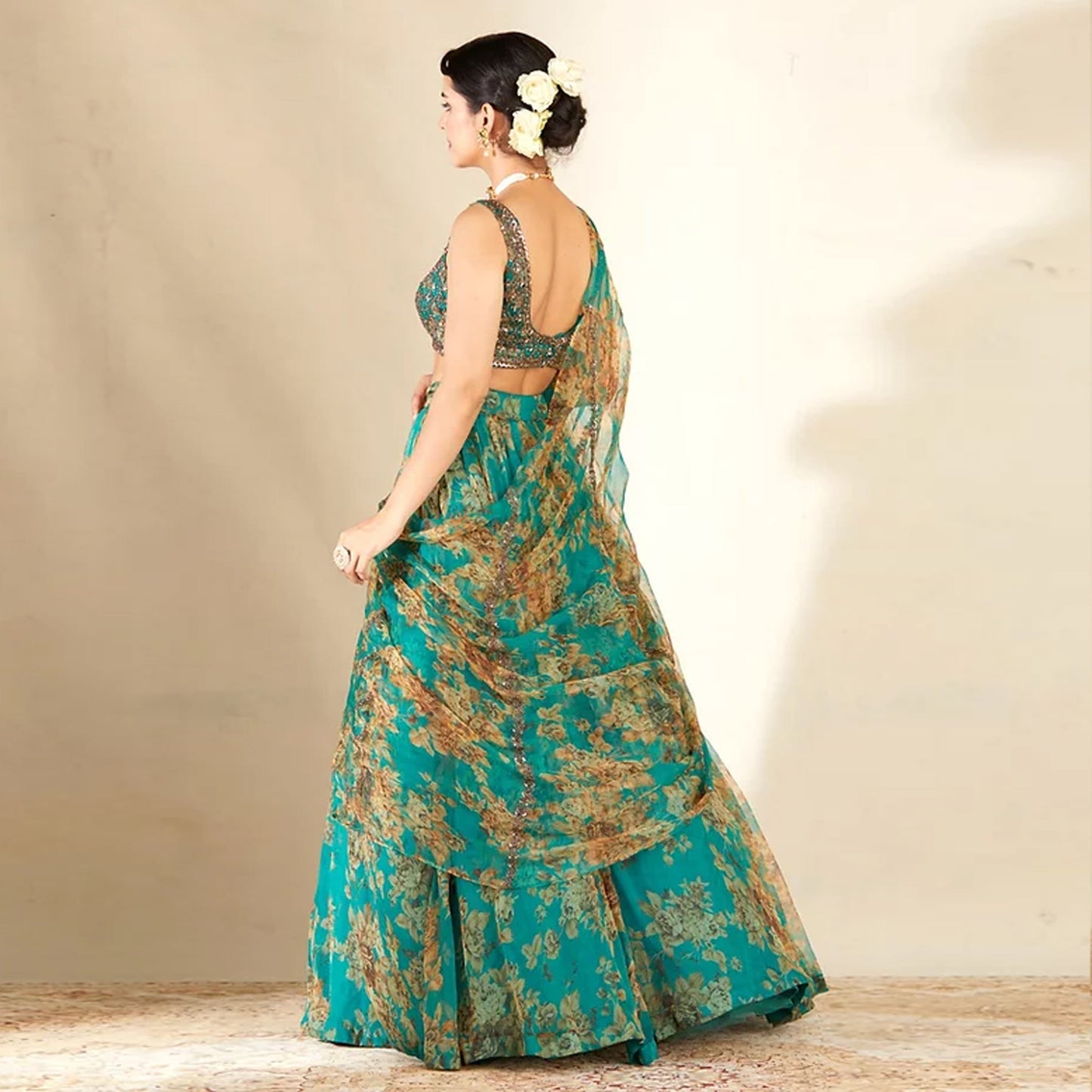 Bottle Green Organza Lehenga Choli with Dori and Sequence Work