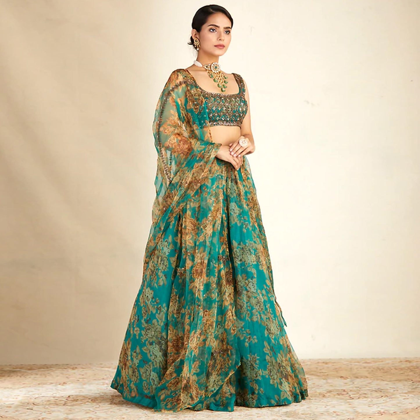 Bottle Green Organza Lehenga Choli with Dori and Sequence Work