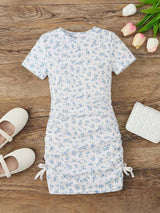 Blue Floral Ruched Girls Bodycon Dress