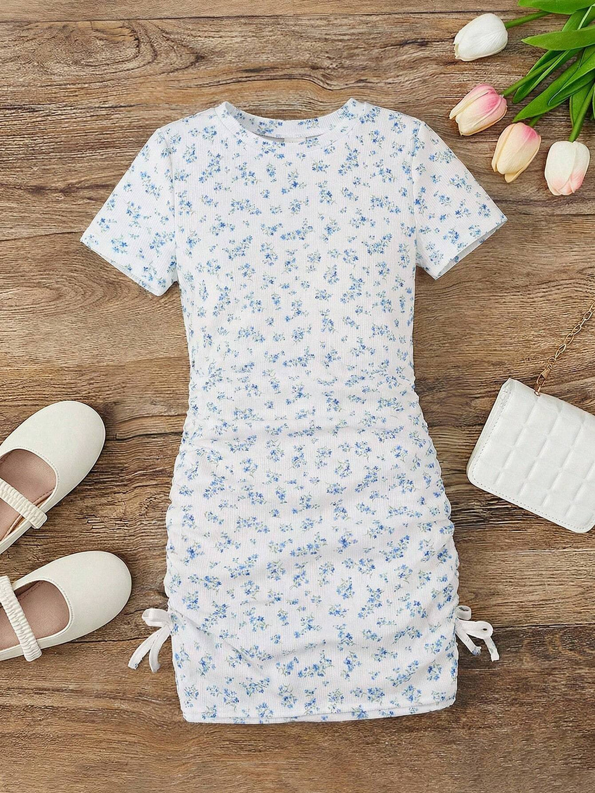Blue Floral Ruched Girls Bodycon Dress