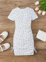 Blue Floral Ruched Girls Bodycon Dress