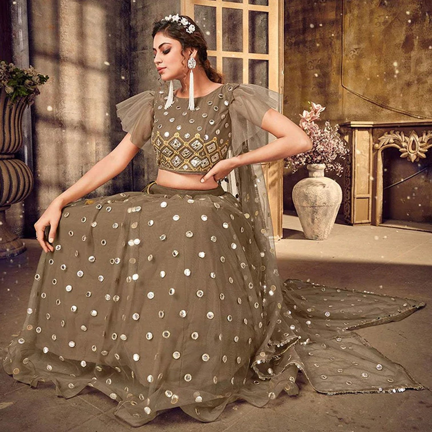 Brownish Grey Soft Net Lehenga choli