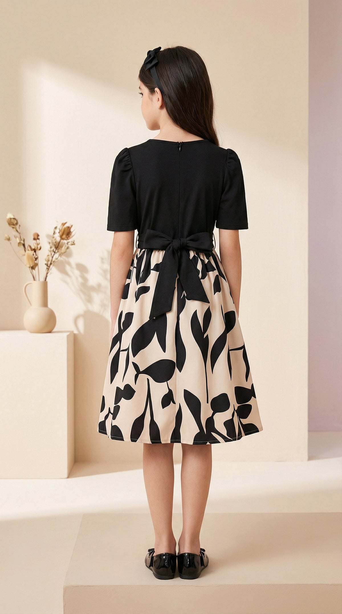 Girls Black Top & Peach Floral Printed Knee Length Dress