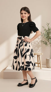 Girls Black Top & Peach Floral Printed Knee Length Dress