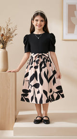 Girls Black Top & Peach Floral Printed Knee Length Dress