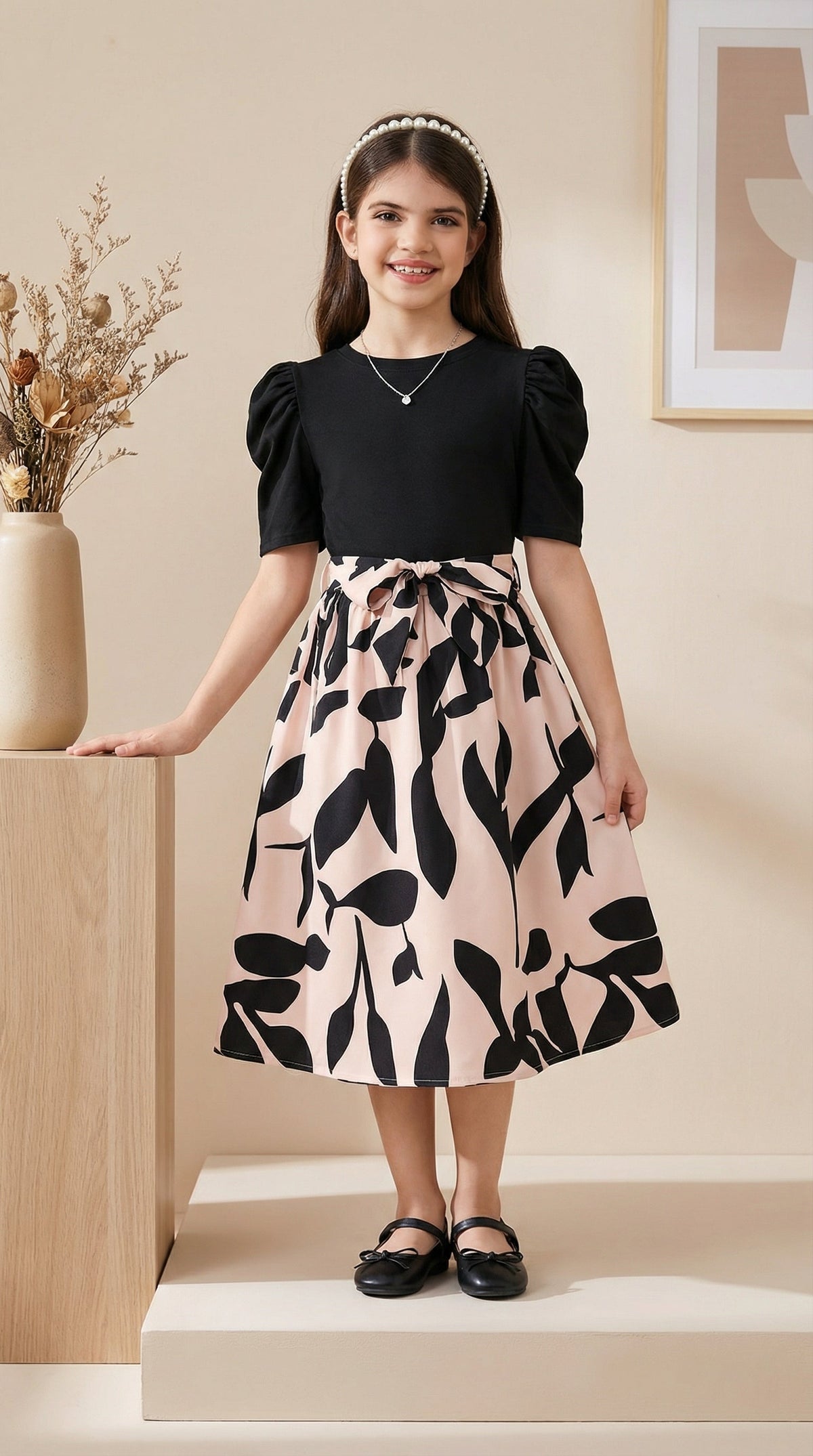 Girls Black Top & Peach Floral Printed Knee Length Dress