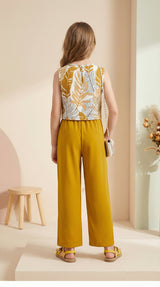 Girls Mustard Yellow Floral Sleeveless Top & Wide Leg Palazzo Pants Set