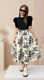 image, Girls Black Puff Sleeve Top &amp; Floral Printed Flared Midi Dress