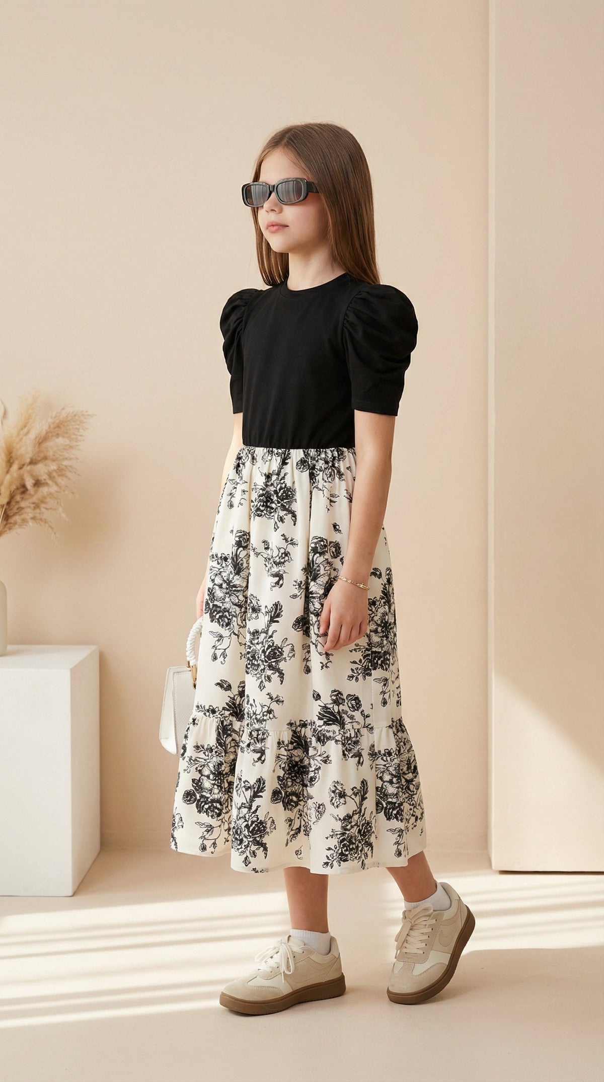 Girls Black Puff Sleeve Top & Floral Printed Flared Midi Dress