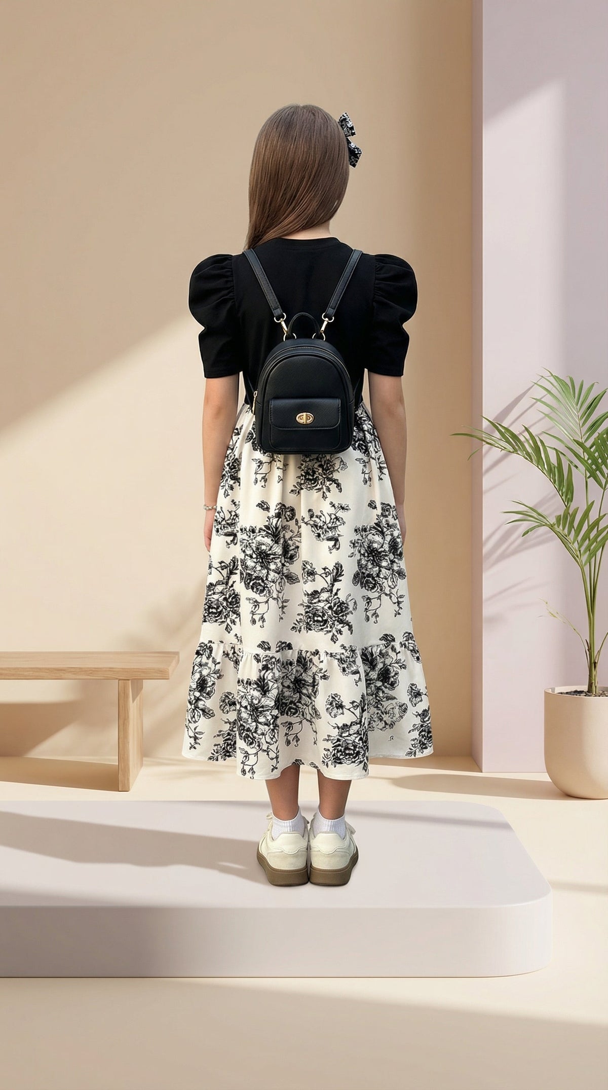 Girls Black Puff Sleeve Top & Floral Printed Flared Midi Dress