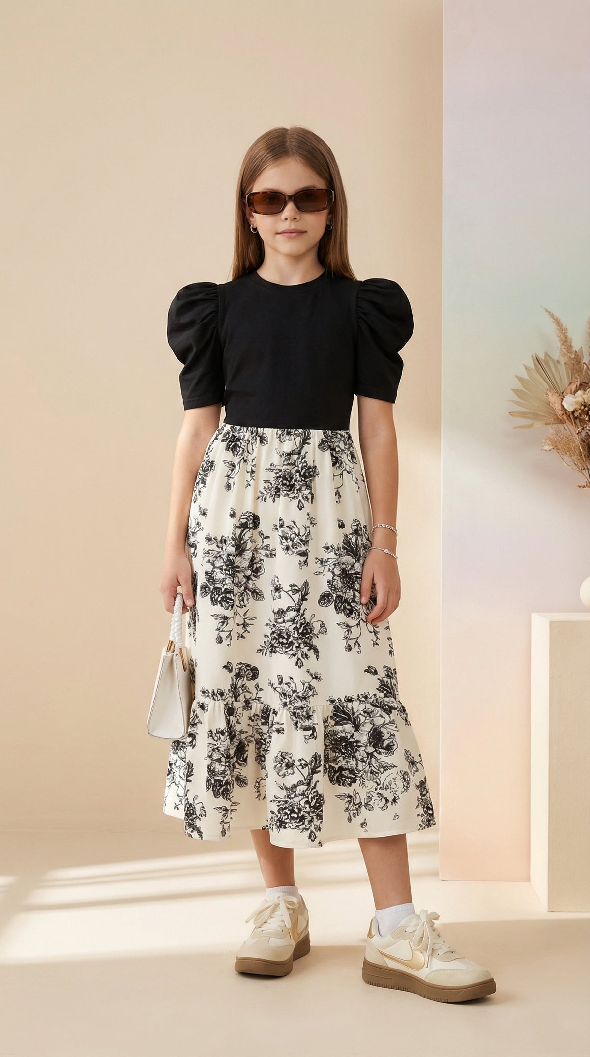 Girls Black Puff Sleeve Top & Floral Printed Flared Midi Dress
