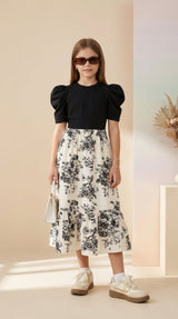 Girls Black Puff Sleeve Top & Floral Printed Flared Midi Dress