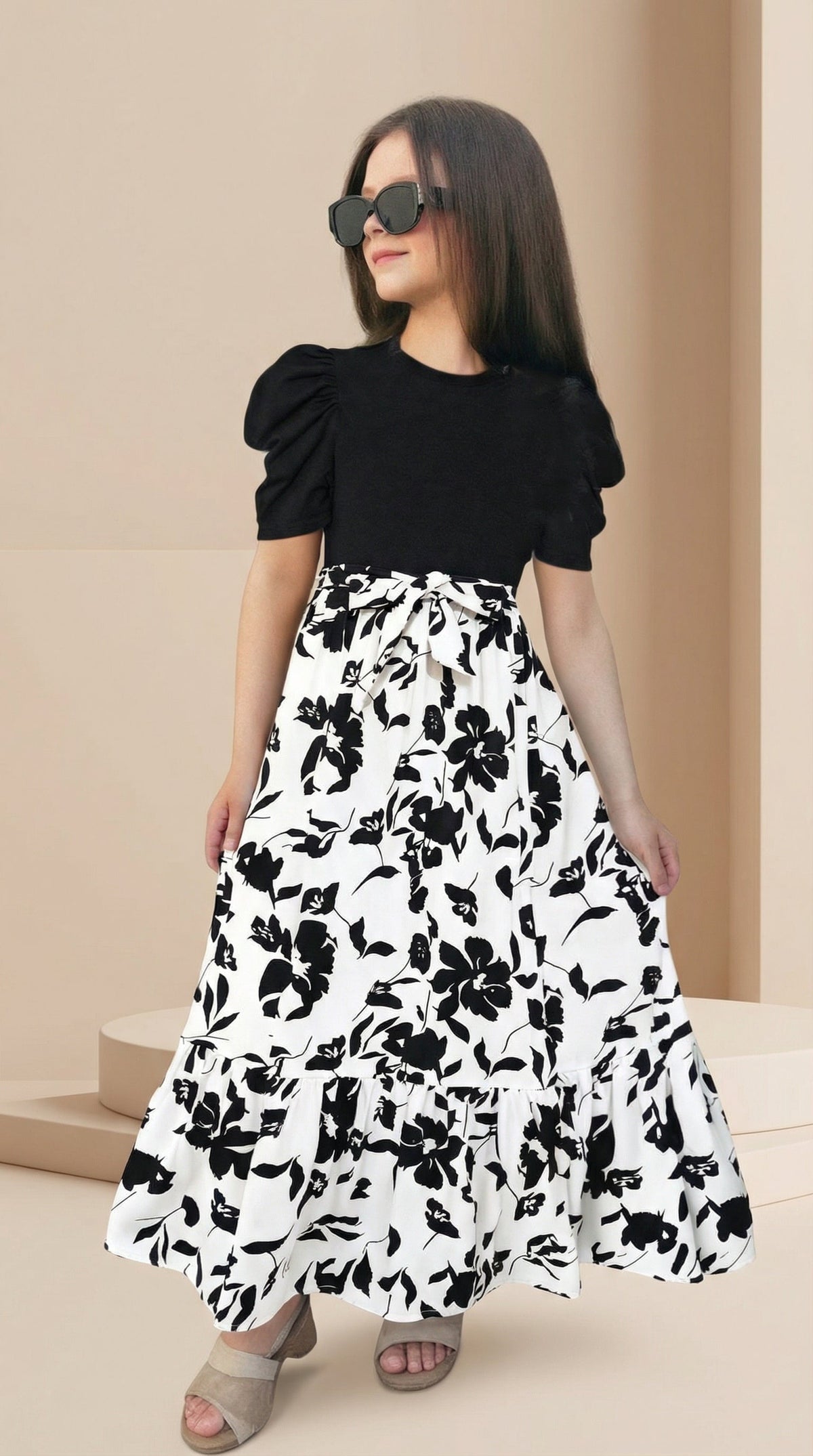 Girls Black & White Floral Maxi Dress with Puff Sleeves