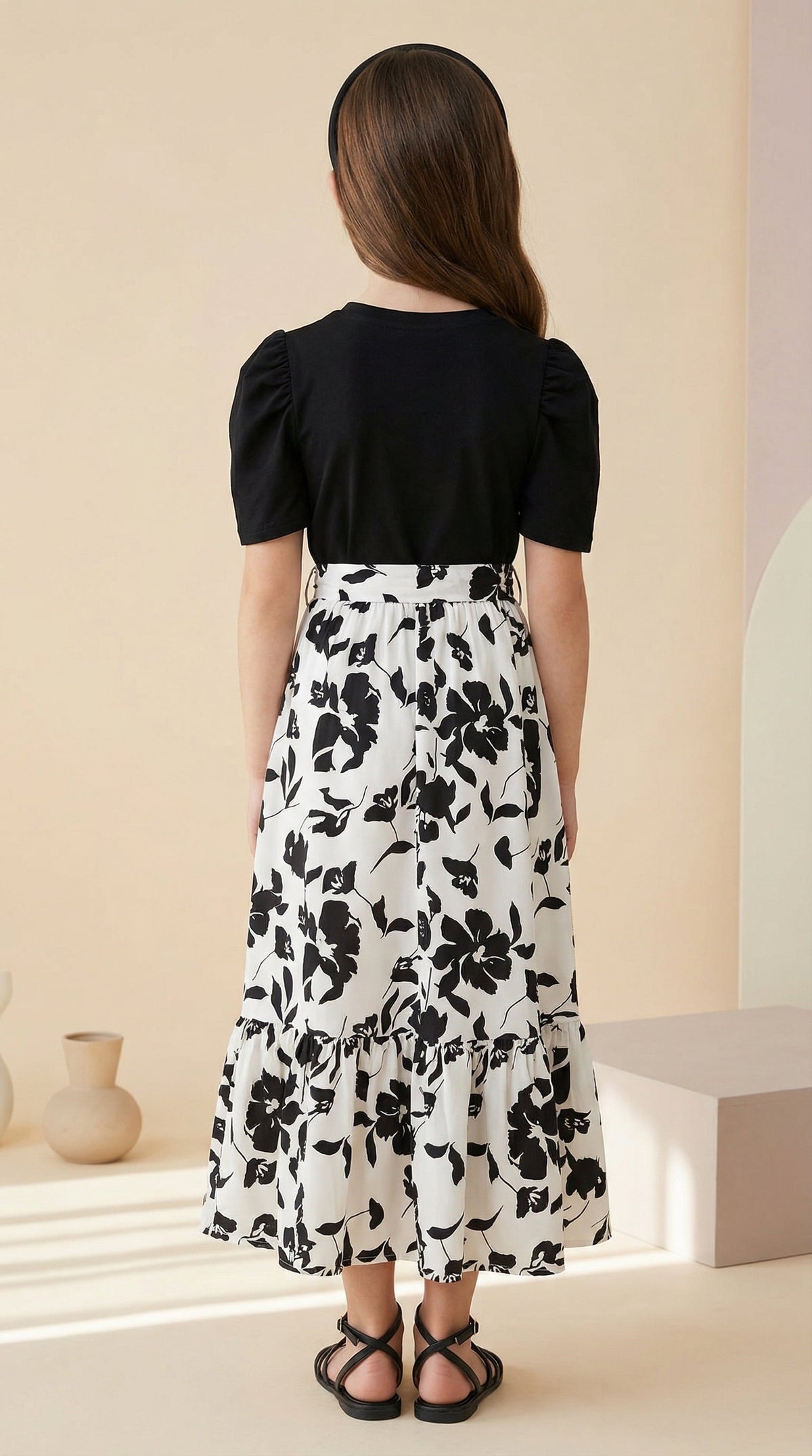 Girls Black & White Floral Maxi Dress with Puff Sleeves