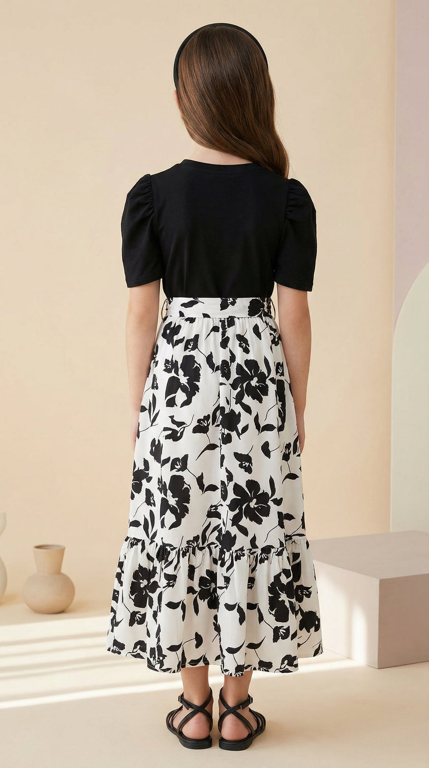 Girls Black & White Floral Maxi Dress with Puff Sleeves