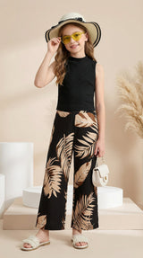 Girls Black High Neck Sleeveless Top & Leaf Print Wide Leg Palazzo Pants Set