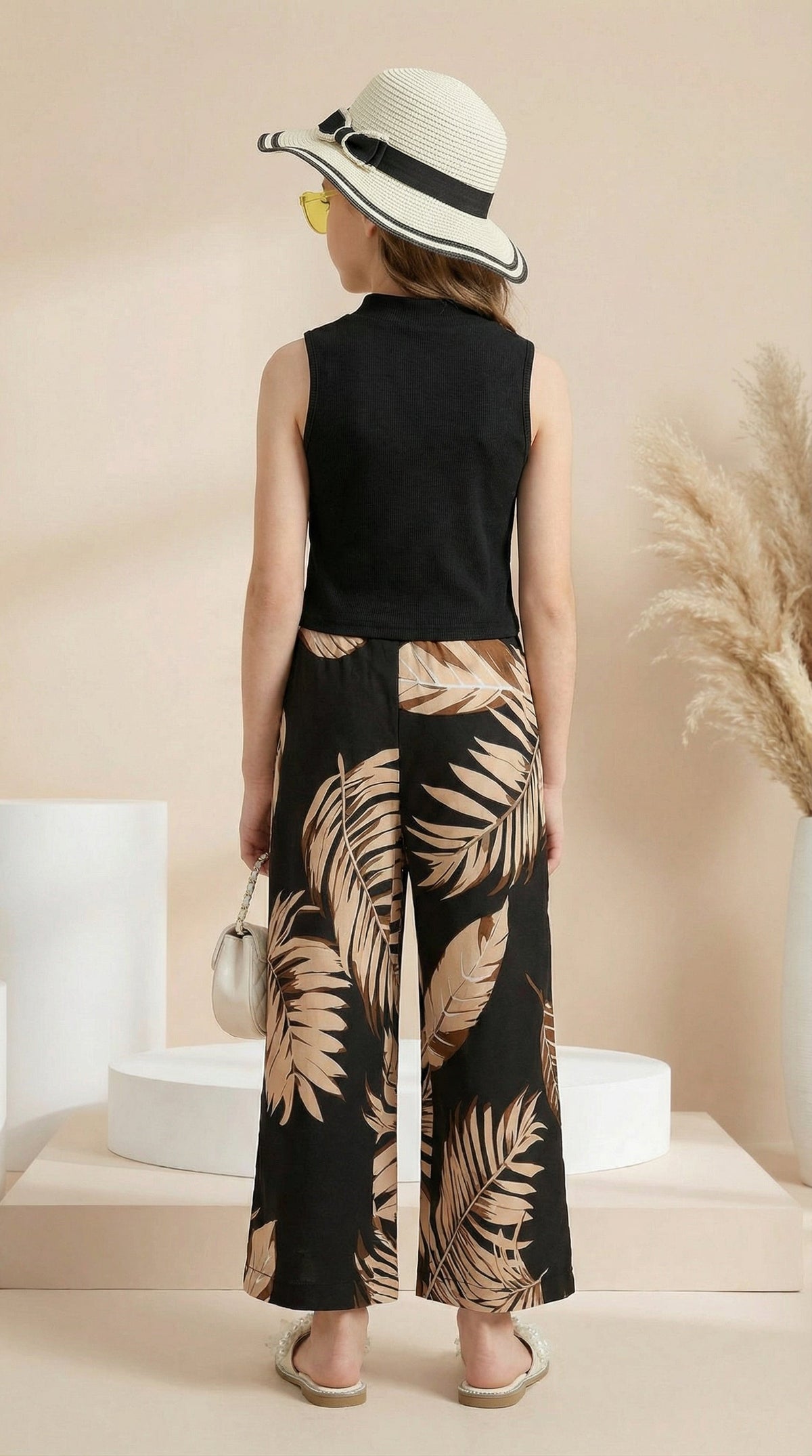 Girls Black High Neck Sleeveless Top & Leaf Print Wide Leg Palazzo Pants Set