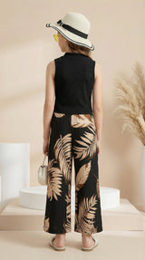 Girls Black High Neck Sleeveless Top & Leaf Print Wide Leg Palazzo Pants Set