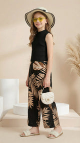 Girls Black High Neck Sleeveless Top & Leaf Print Wide Leg Palazzo Pants Set