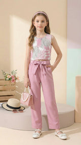 Girls Pink Floral Crop Top & Wide Leg Palazzo Pants Set with Bow