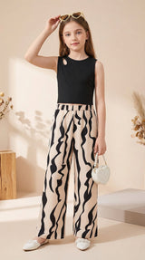 Girls Black Sleeveless Crop Top & Abstract Print Wide Leg Palazzo Pants Set