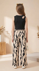 Girls Black Sleeveless Crop Top & Abstract Print Wide Leg Palazzo Pants Set