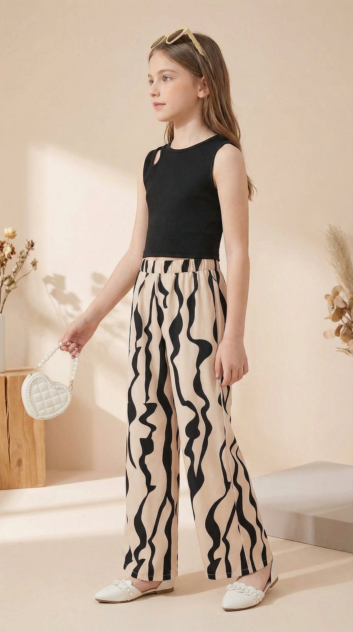 Girls Black Sleeveless Crop Top & Abstract Print Wide Leg Palazzo Pants Set