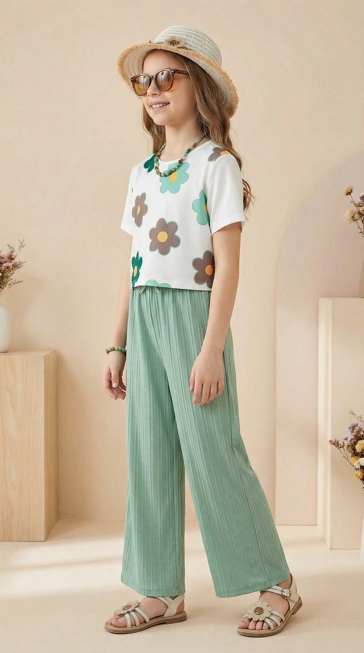 Trendy Crop Top with Mint Green Wide Leg Palazzo Pants