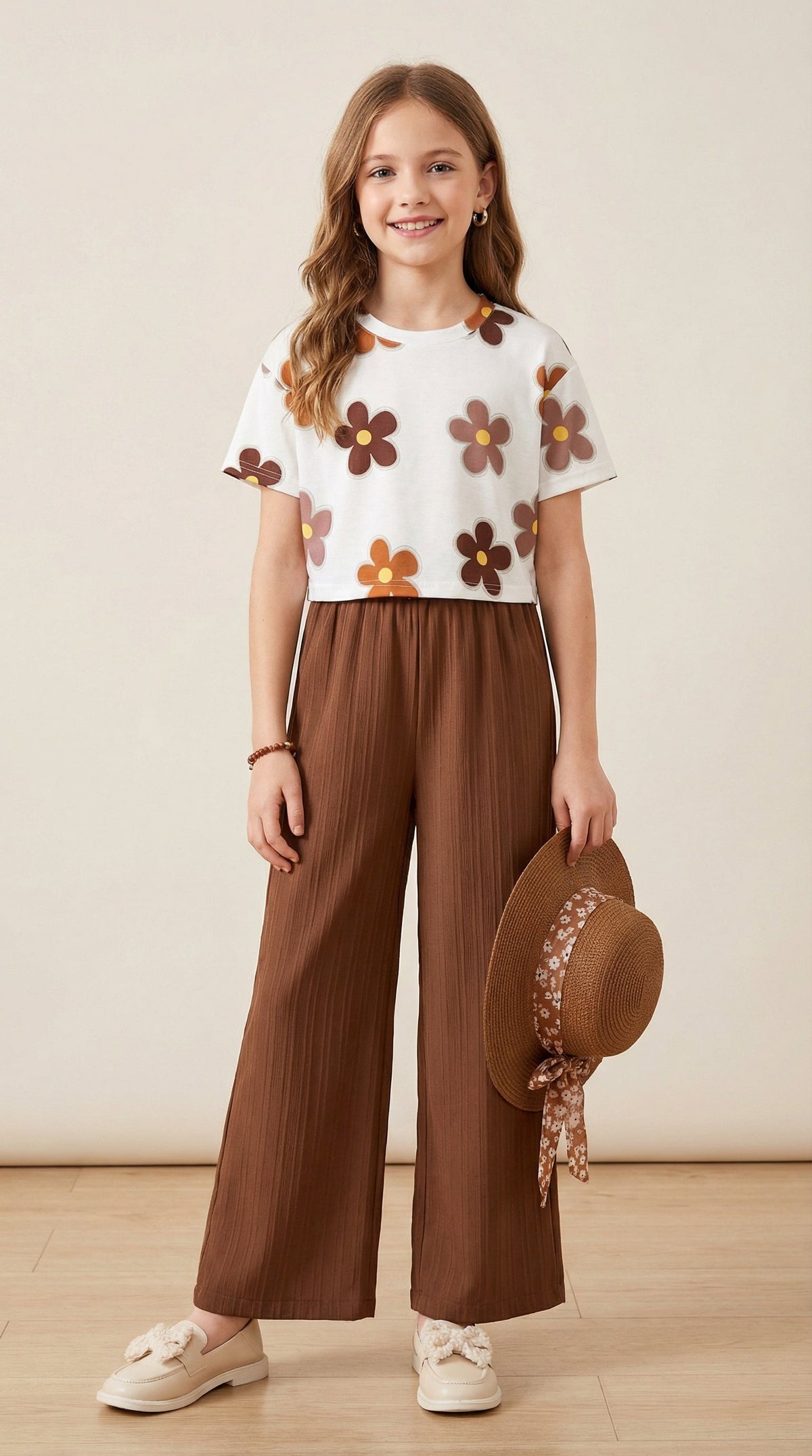Girls Floral Printed Top with Brown Palazzo Pants Co-Ord Set for Kids