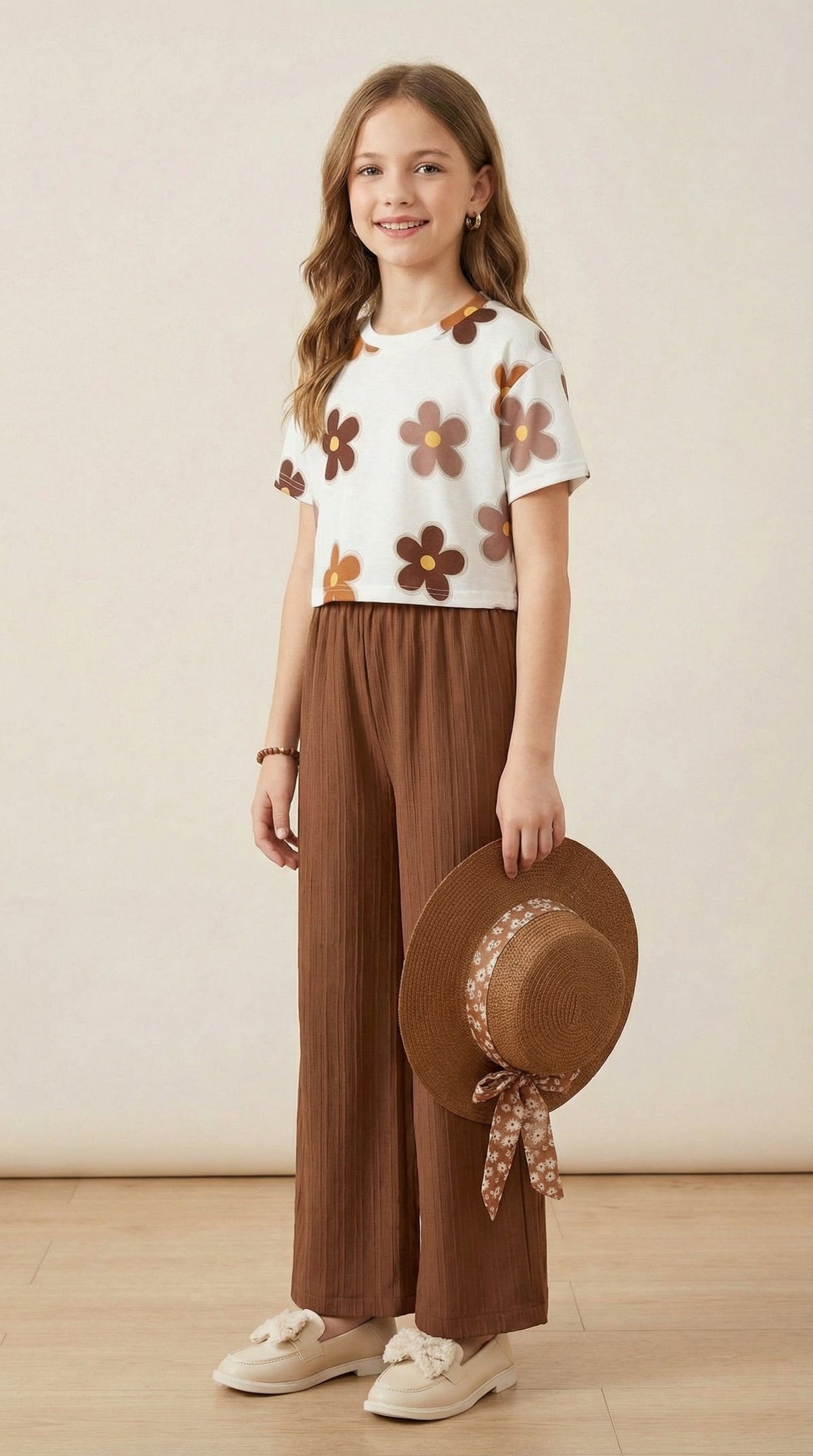 Girls Floral Printed Top with Brown Palazzo Pants Co-Ord Set for Kids