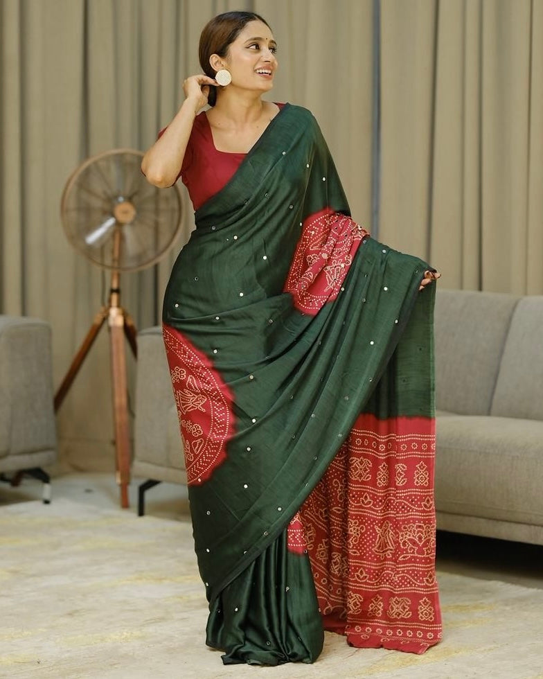 Women s forest green pure modal silk saree with rustic red folk art print traditional designer pallu