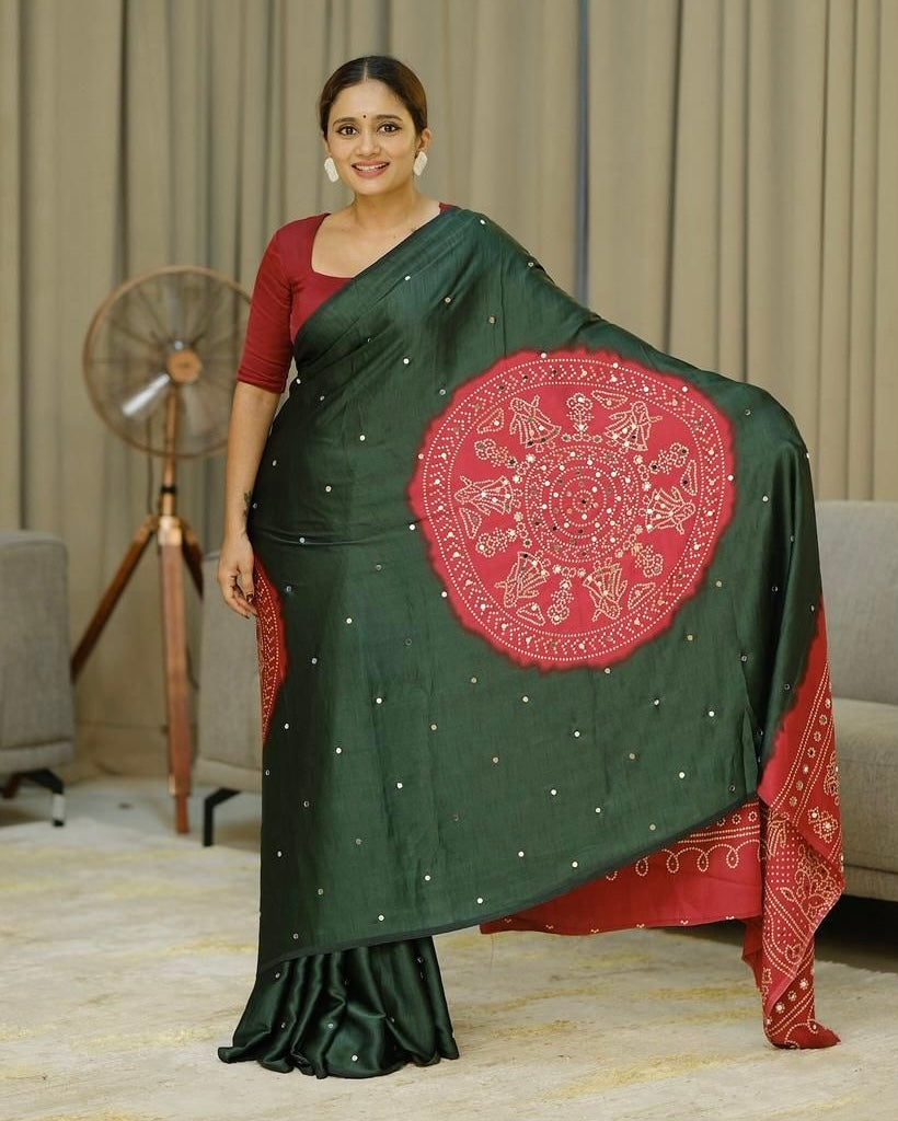 Women s forest green pure modal silk saree with rustic red folk art print traditional designer pallu