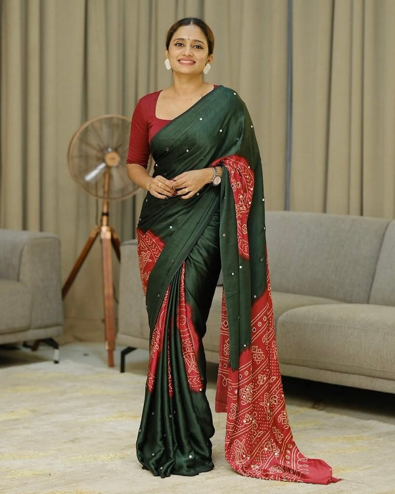 Women s forest green pure modal silk saree with rustic red folk art print traditional designer pallu mameraa